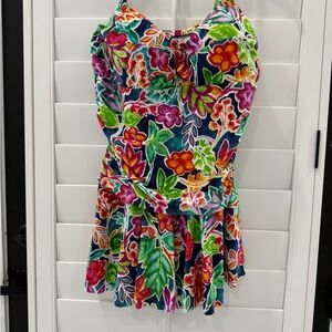 Vibrant Floral Print Swimdress Women's Navy Blue Tankini‎ Swimsuit Skirted